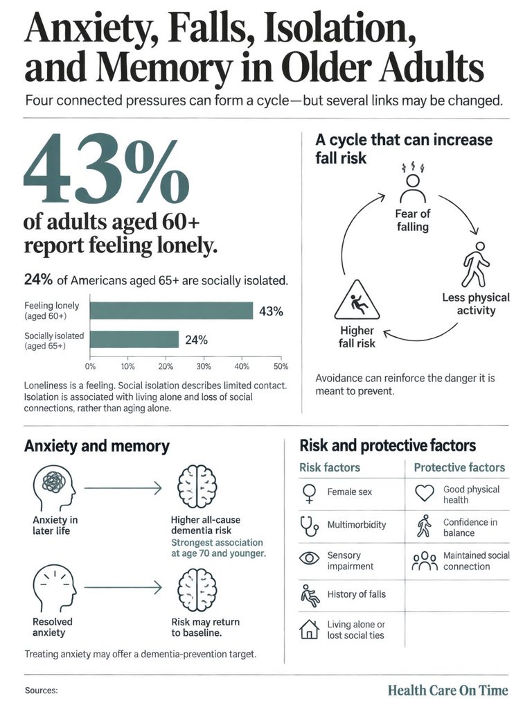 Infographic showing statistics on loneliness, anxiety, and fall risks in older adults, with charts and icons.