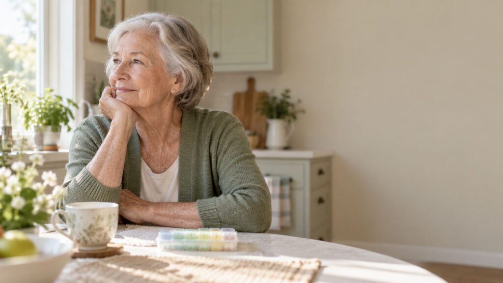 An elderly woman sits thoughtfully at a kitchen table with a cup and pill organizer nearby.