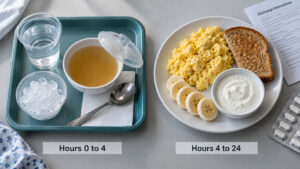 A hospital meal tray with clear liquids, scrambled eggs, toast, bananas, yogurt, and discharge instructions.