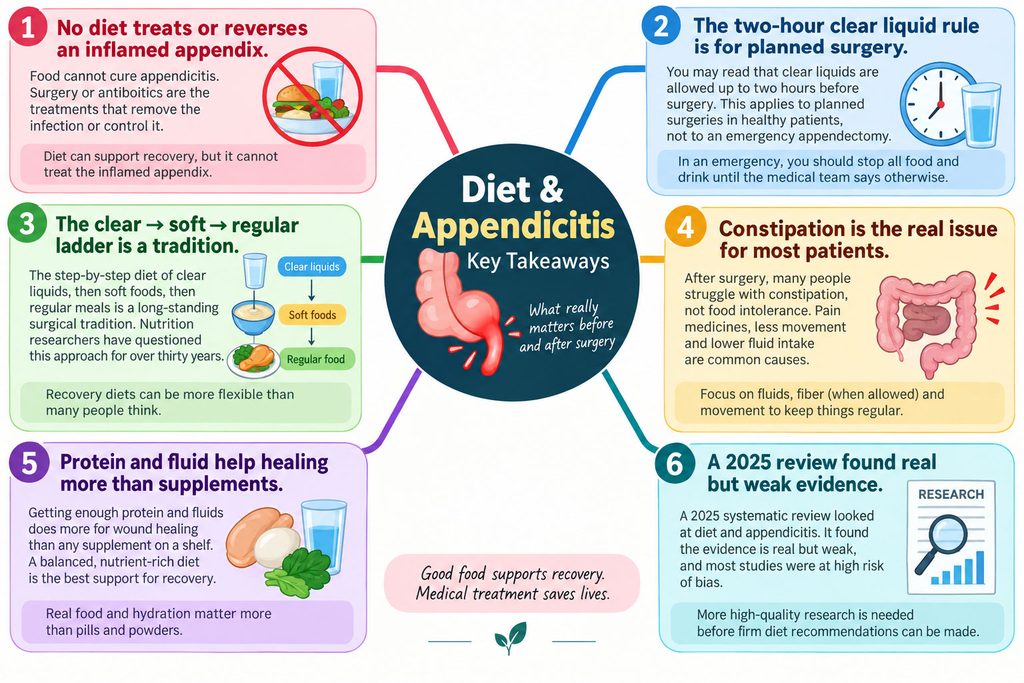 Infographic on diet and appendicitis with key takeaways, including food guidelines and recovery tips.
