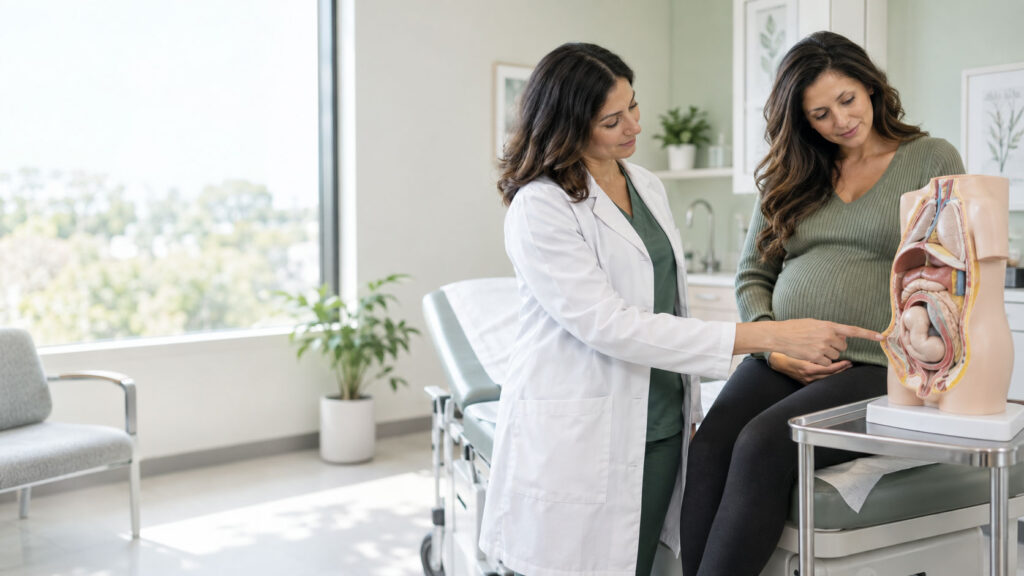 A doctor explains pregnancy anatomy to a pregnant woman using a model in a bright medical office.
