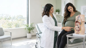 A doctor explains pregnancy anatomy to a pregnant woman using a model in a bright medical office.