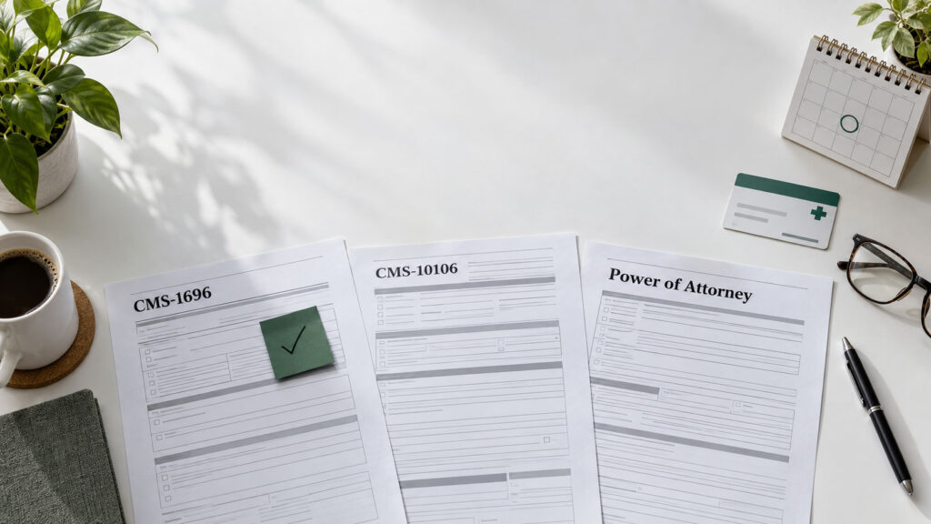 A workspace with three forms labeled CMS-1696, CMS-10106, and Power of Attorney, a coffee cup, and a plant.