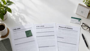 A workspace with three forms labeled CMS-1696, CMS-10106, and Power of Attorney, a coffee cup, and a plant.