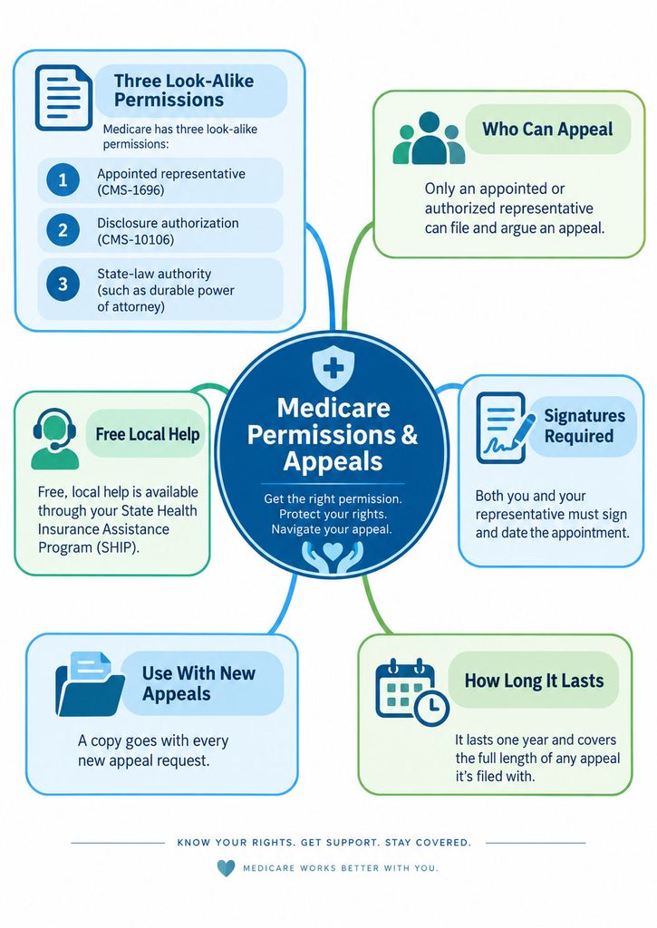 Infographic explaining Medicare permissions and appeals, detailing look-alike permissions and appeal process steps.