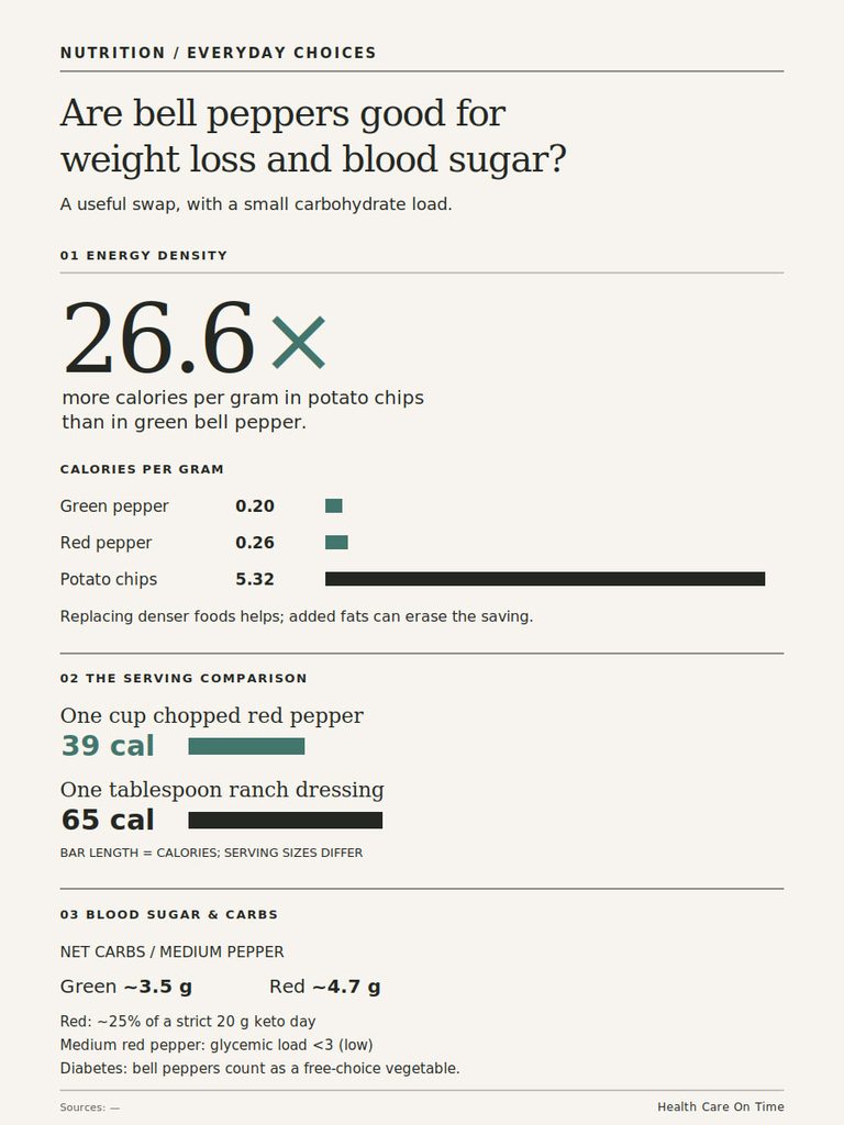 Infographic comparing calorie density of bell peppers and potato chips, highlighting nutritional benefits and serving sizes.