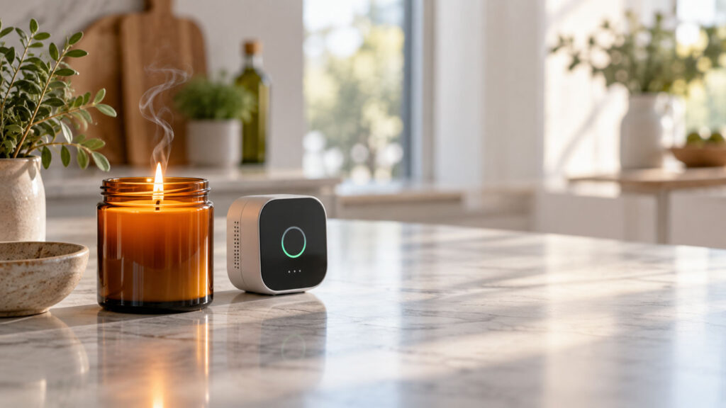 A lit candle emits smoke beside a modern device on a marble countertop with plants in a bright kitchen setting.