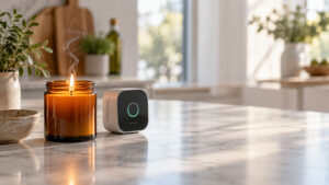 A lit candle emits smoke beside a modern device on a marble countertop with plants in a bright kitchen setting.