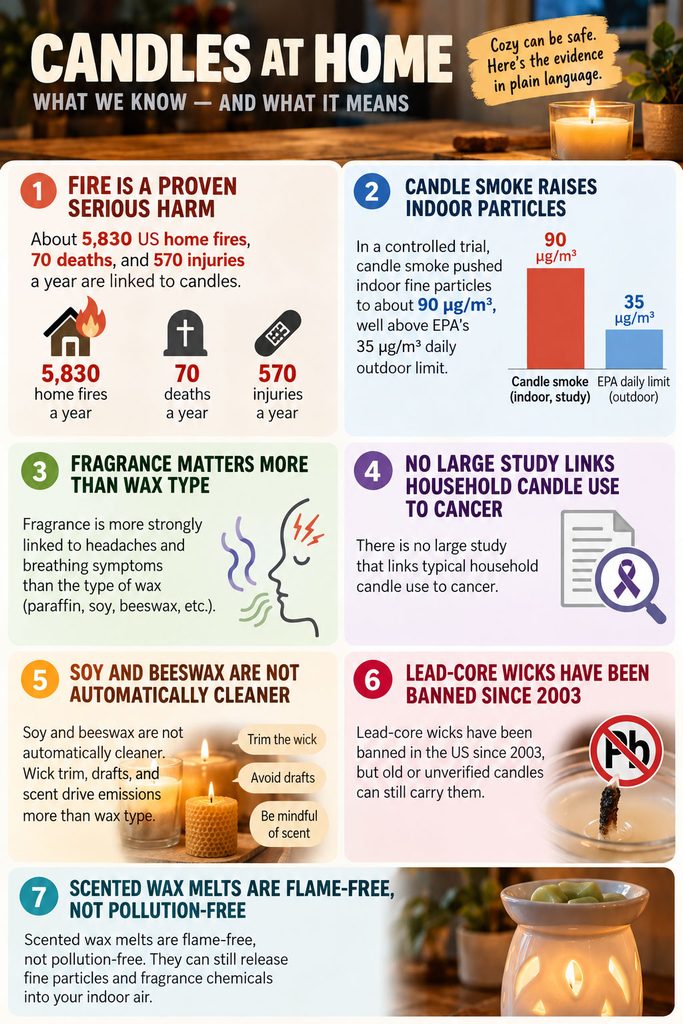 Infographic detailing candle safety, including fire statistics, smoke particles, and health impacts.