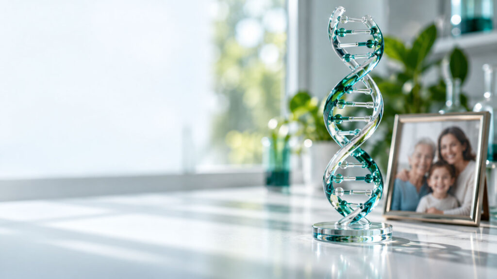 A glass DNA model stands on a table beside a family photo and green plants in a bright room.