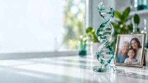 A glass DNA model stands on a table beside a family photo and green plants in a bright room.