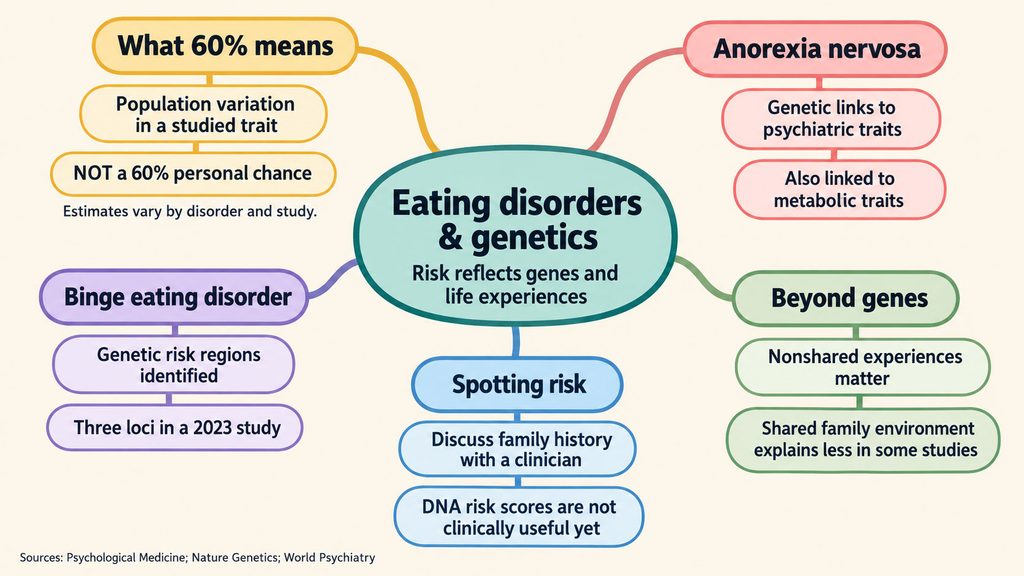 Infographic illustrating eating disorders and genetics, including risk factors and studies on binge eating and anorexia nervosa.