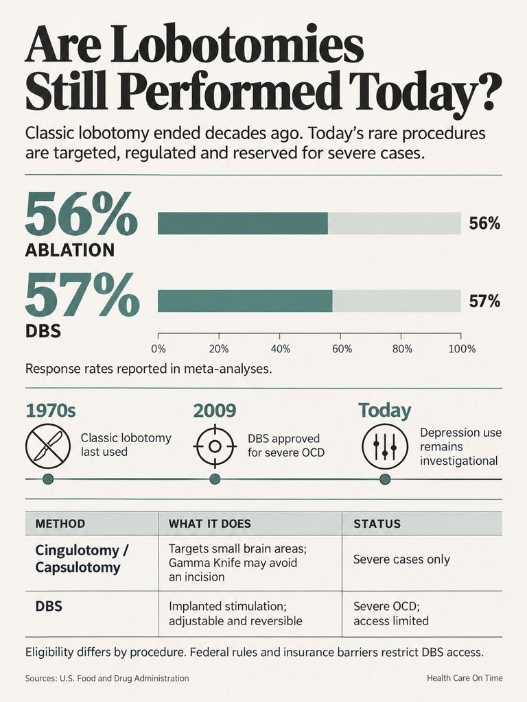 Infographic showing lobotomy procedures, including statistics for Ablation and DBS, with historical context and methods.