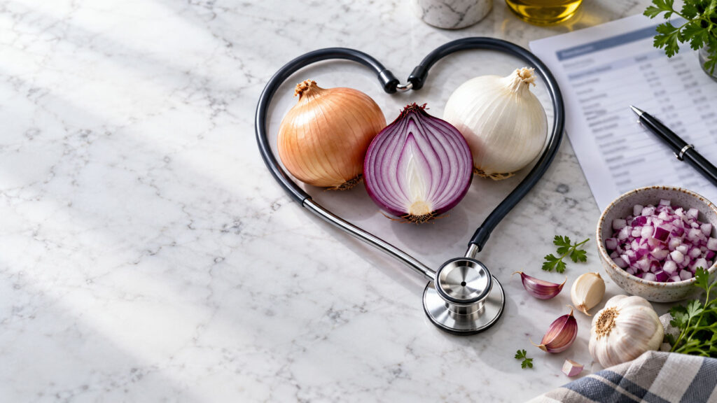 A stethoscope forms a heart shape around various onions on a marble surface, with garlic and herbs nearby.