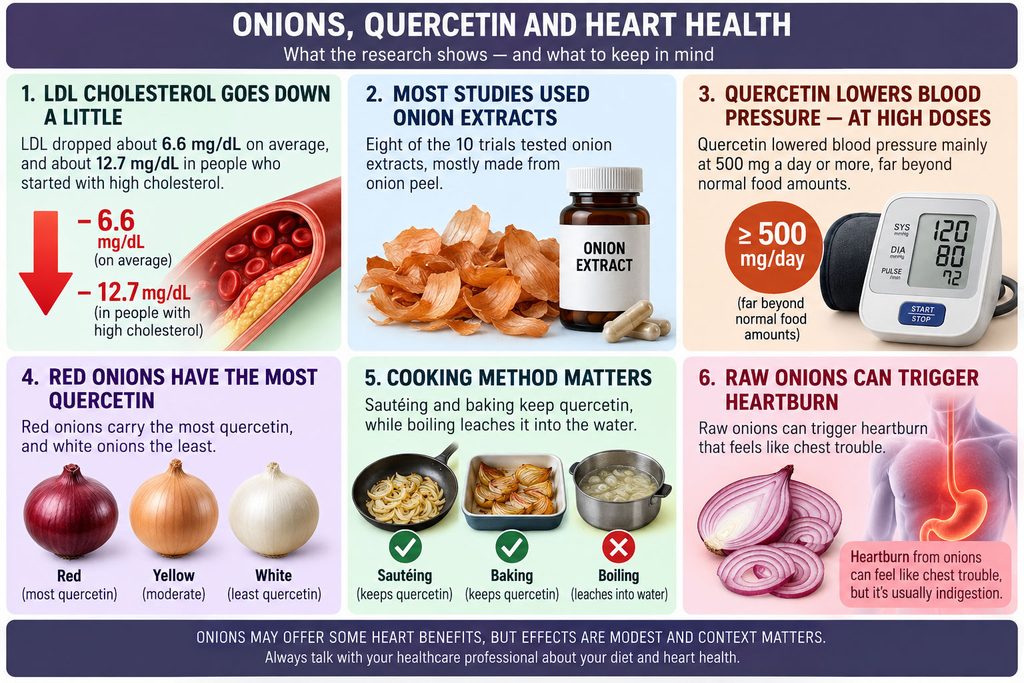 Infographic showing onion health benefits, LDL cholesterol levels, quercetin content, and cooking methods.