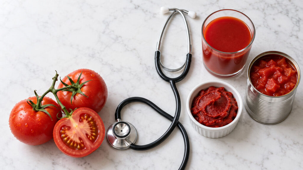 Fresh tomatoes, tomato sauce, and a stethoscope on marble surface.