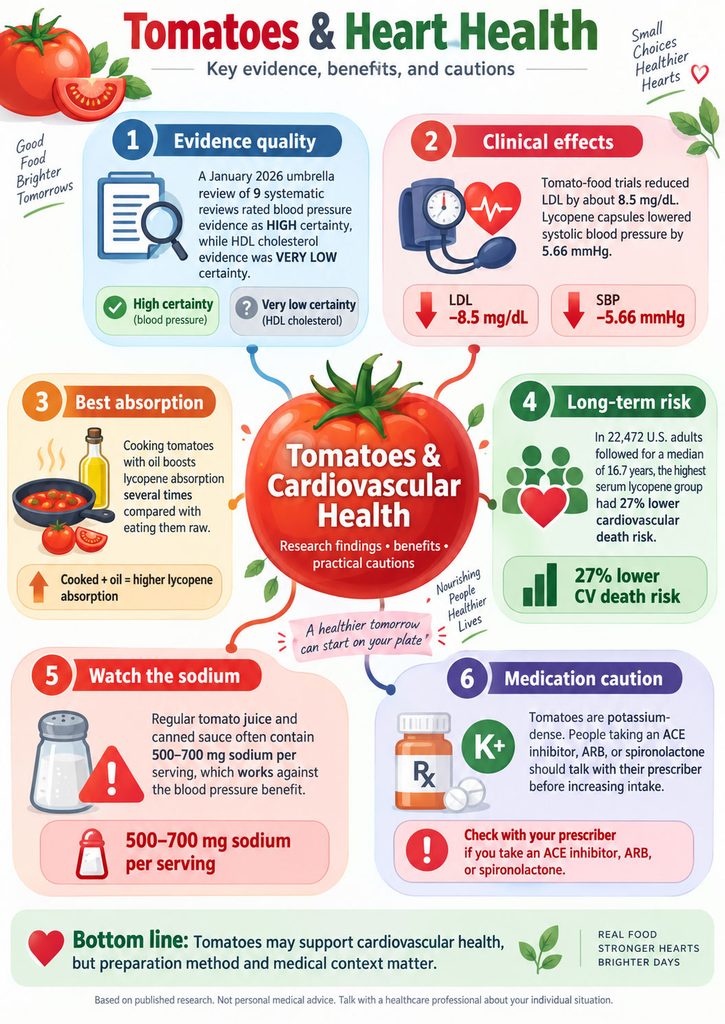 Infographic on tomatoes and heart health, showing evidence quality, clinical effects, and absorption methods.