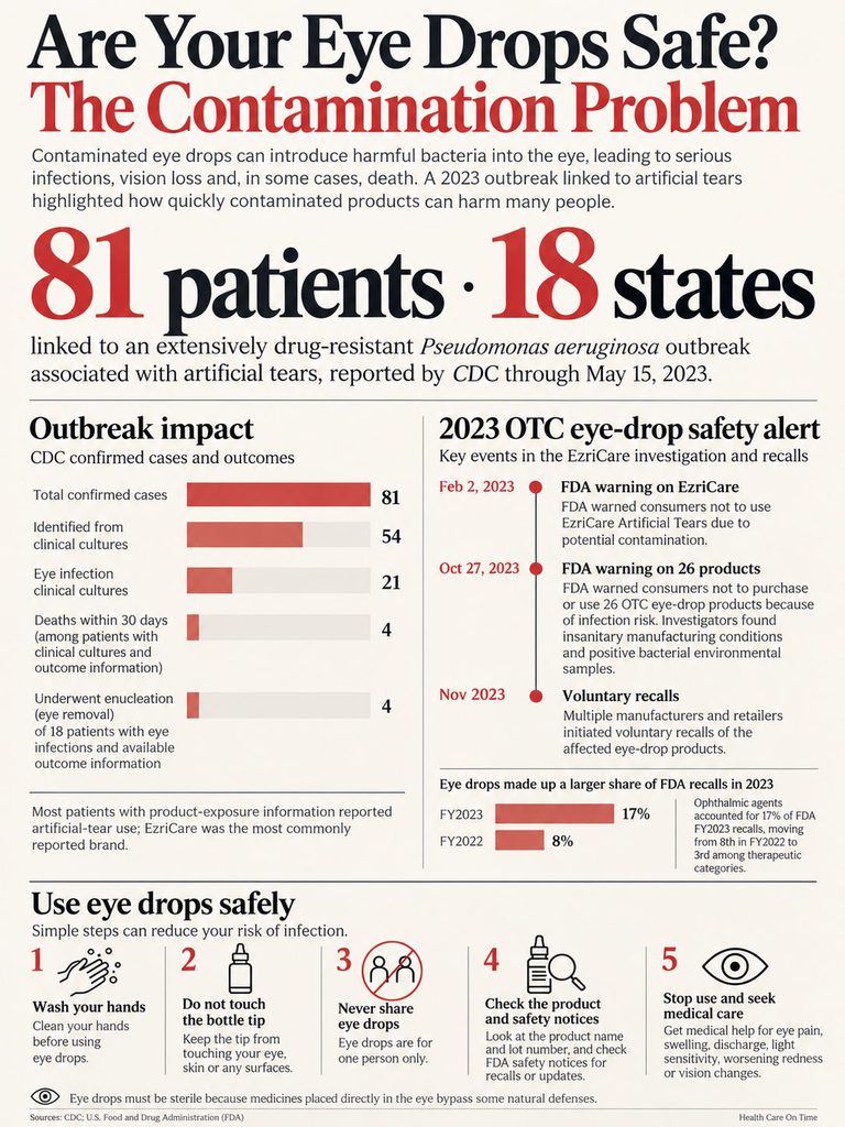 Infographic detailing eye drop contamination issues, statistics, and safety tips, including 81 patients affected across 18 states.