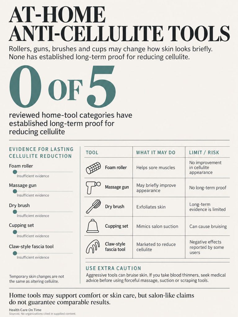 Infographic showing at-home anti-cellulite tools and their effectiveness, including foam roller and massage gun.