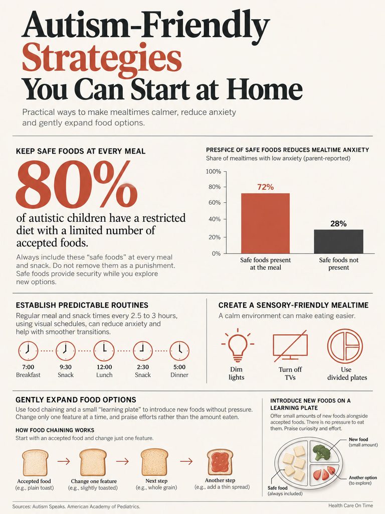 Infographic showing autism-friendly strategies for mealtimes, including statistics, routines, and food options.