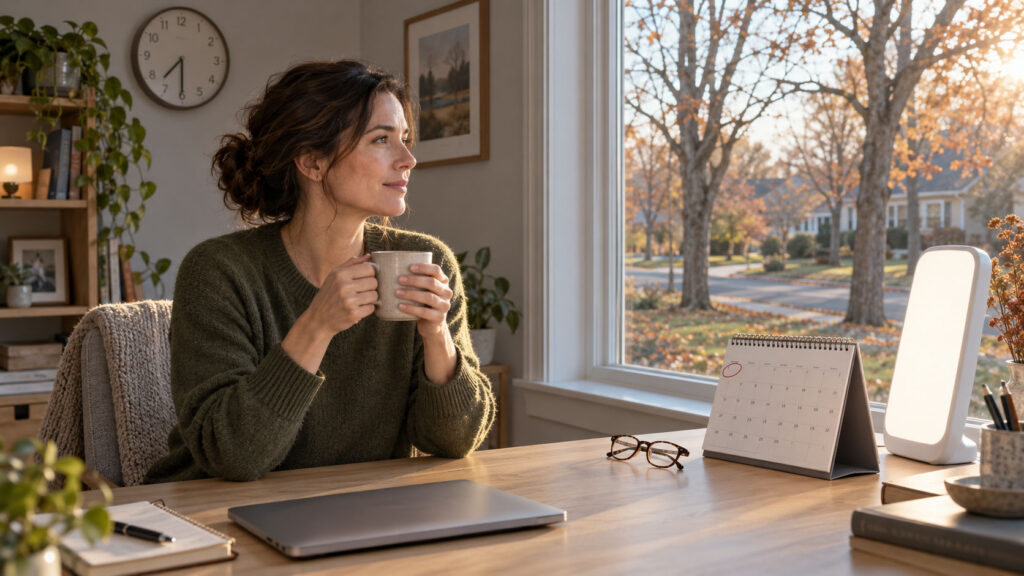 A woman in a green sweater holds a mug, gazing out a window with autumn trees and a calendar on her desk.