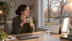 A woman in a green sweater holds a mug, gazing out a window with autumn trees and a calendar on her desk.
