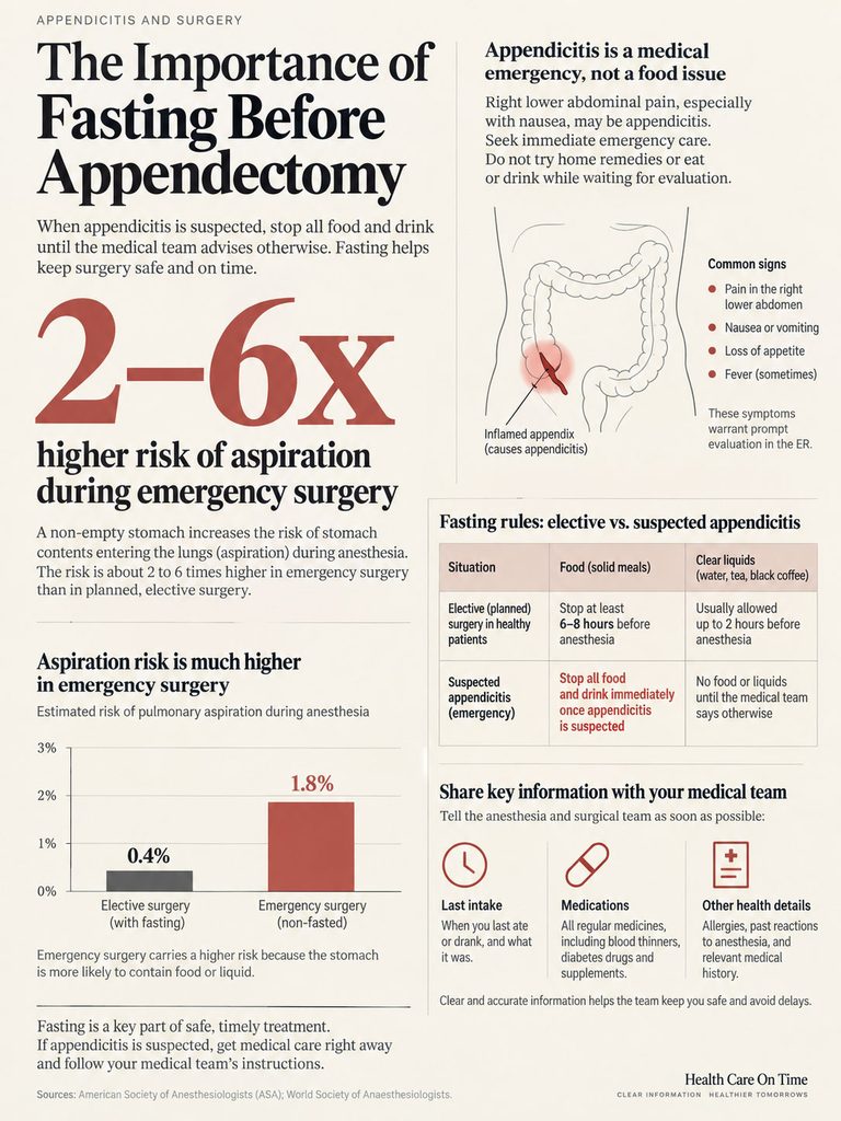 Infographic showing the importance of fasting before appendectomy, with statistics and guidelines for patients.