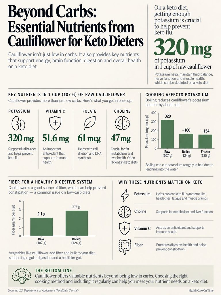 Infographic showing essential nutrients from cauliflower for keto dieters, including potassium and fiber content.