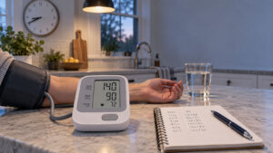A person measures blood pressure with a monitor on a marble countertop, with a notebook and glass of water nearby.