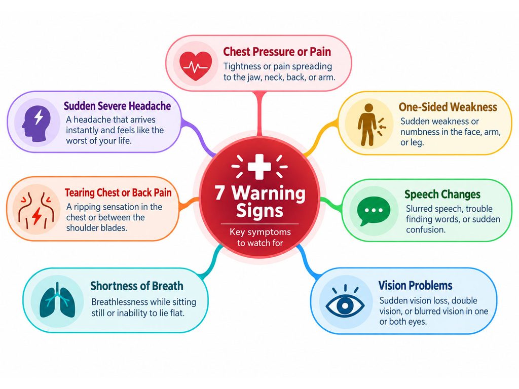 Infographic showing 7 warning signs of a medical emergency with icons and descriptions for each sign.