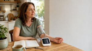 A woman measures her blood pressure at home using a digital monitor while sitting at a wooden table.