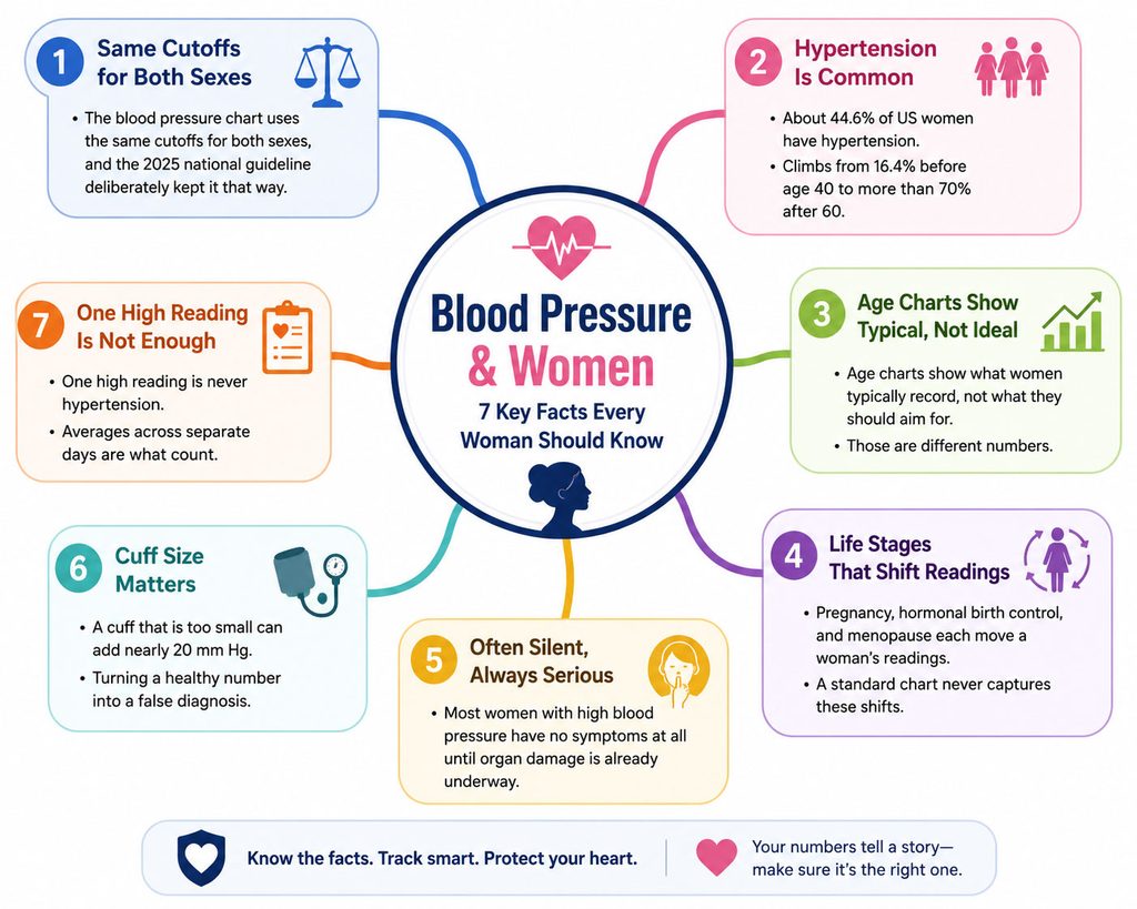 Infographic detailing blood pressure facts for women, including statistics and key points on hypertension and readings.