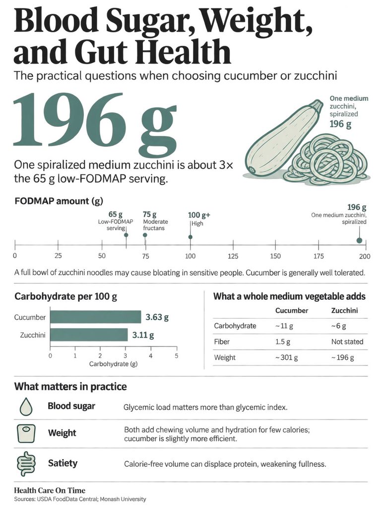 Infographic comparing blood sugar, weight, and gut health of cucumber and zucchini with charts and data points.