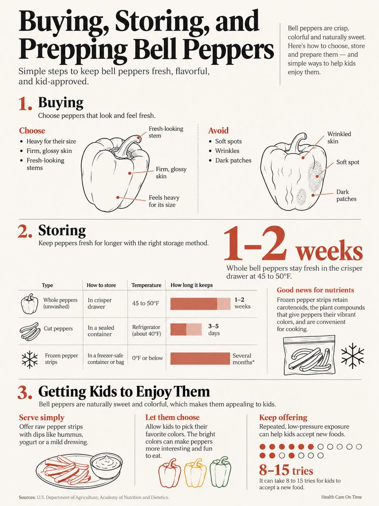 Infographic on buying, storing, and prepping bell peppers with tips and storage times for freshness.