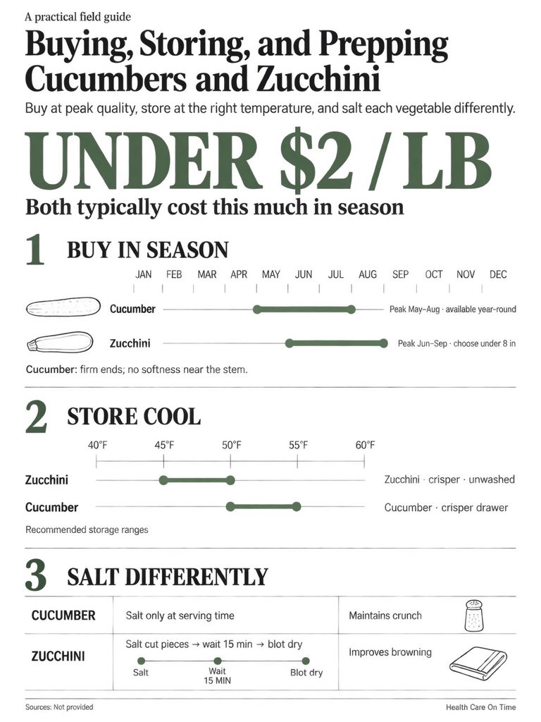 Infographic on buying, storing, and prepping cucumbers and zucchini with charts and guidelines.