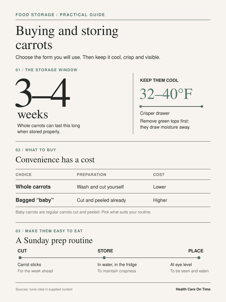 Infographic on buying and storing carrots, detailing storage duration, temperature, and preparation methods.