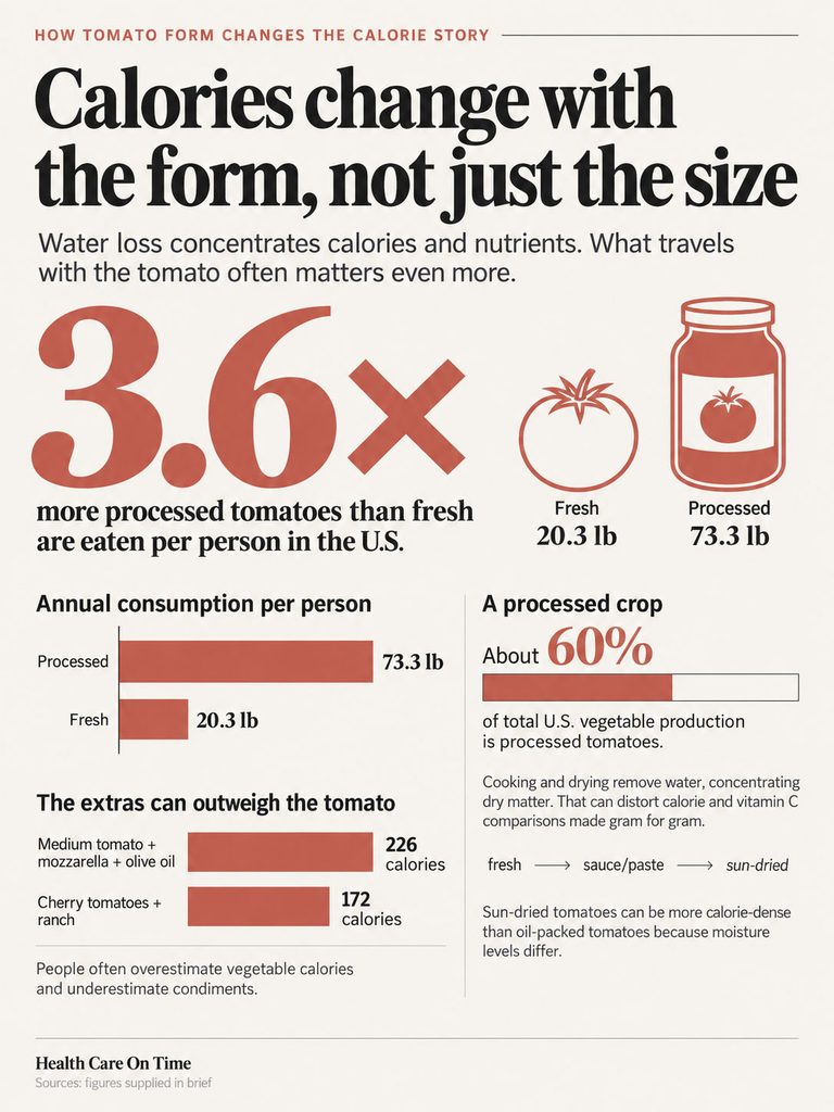Infographic showing tomato calorie differences: 3.6x more processed tomatoes consumed, annual consumption stats, and calorie comparisons.
