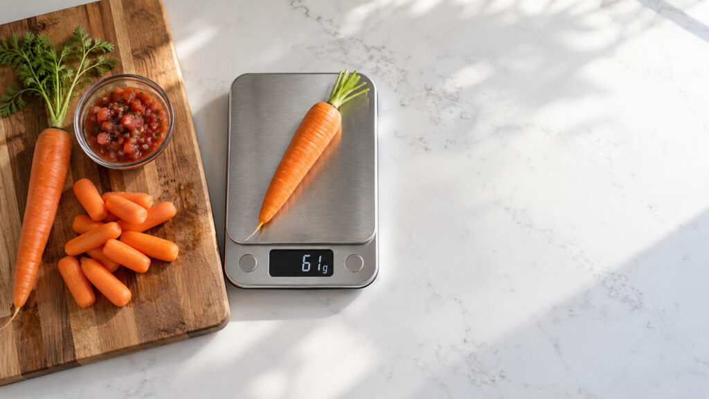 A carrot weighs 61 grams on a digital scale beside smaller carrots and salsa in a bowl on a wooden cutting board.