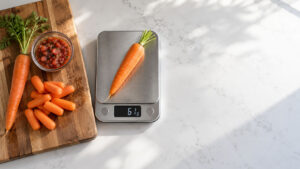 A carrot weighs 61 grams on a digital scale beside smaller carrots and salsa in a bowl on a wooden cutting board.