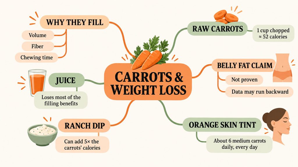 Infographic about carrots and weight loss, detailing benefits, calories, and claims with illustrations and text.