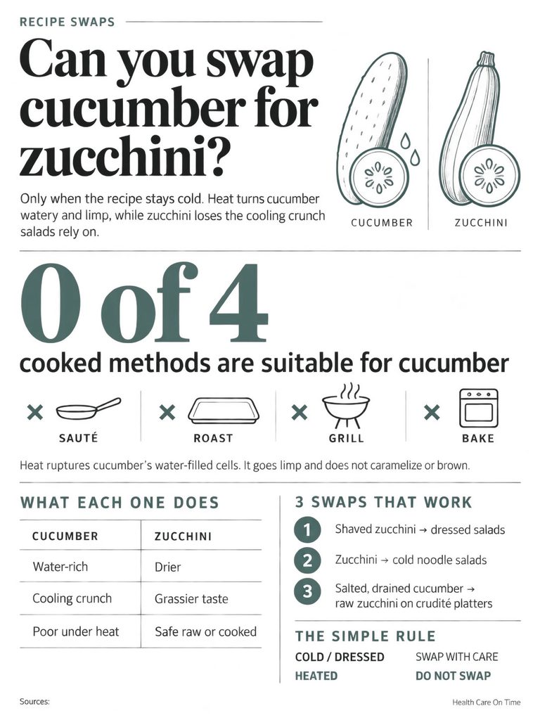Infographic comparing cucumber and zucchini for cooking, showing swap recommendations and methods.