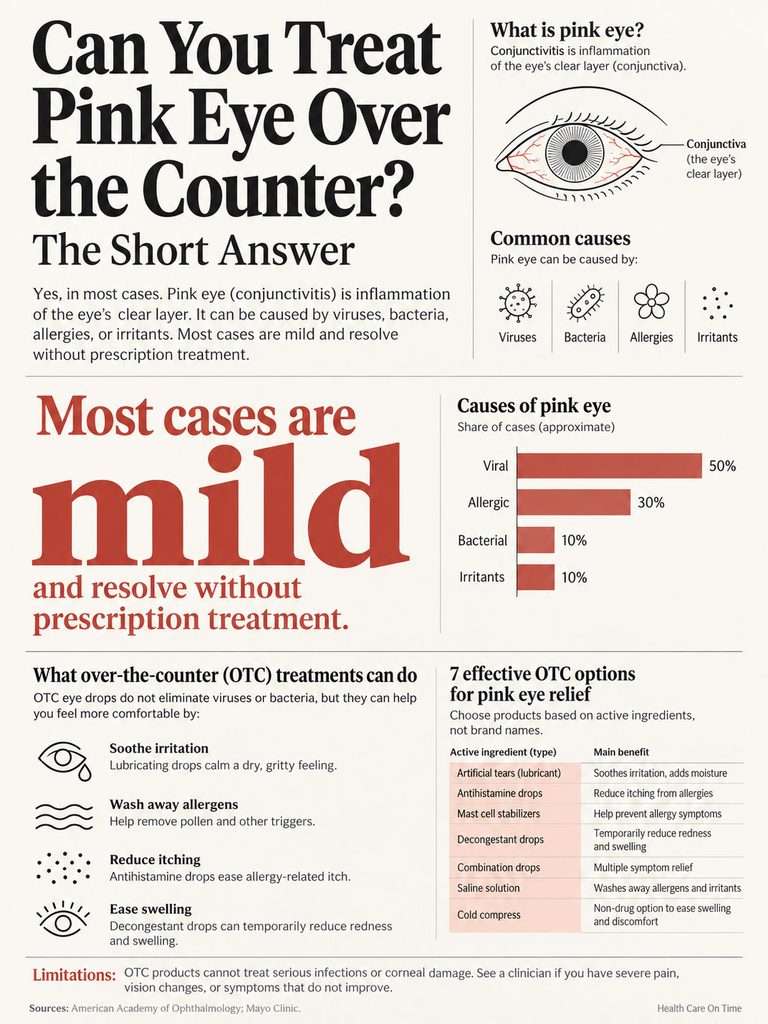 Infographic explaining pink eye causes, OTC treatments, and effective options for relief.