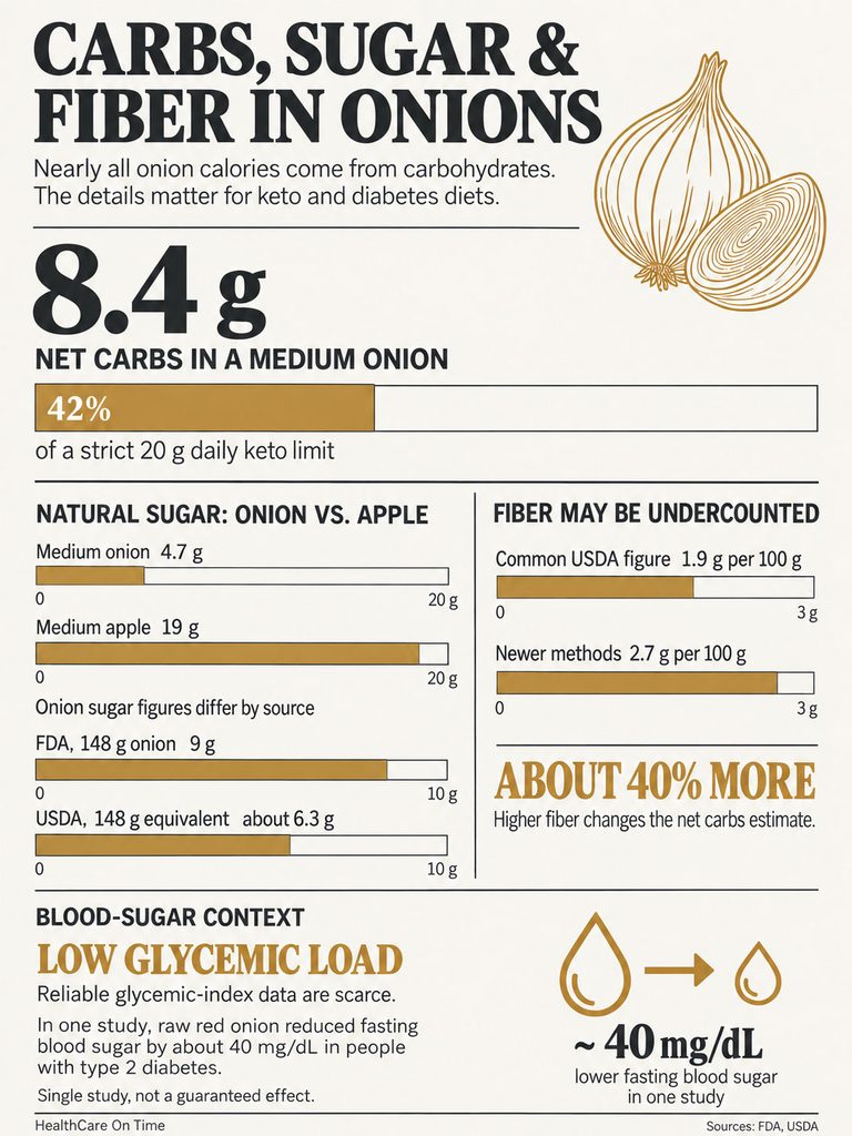 Infographic detailing carbs, sugar, and fiber in onions, highlighting key statistics and comparisons with apples.