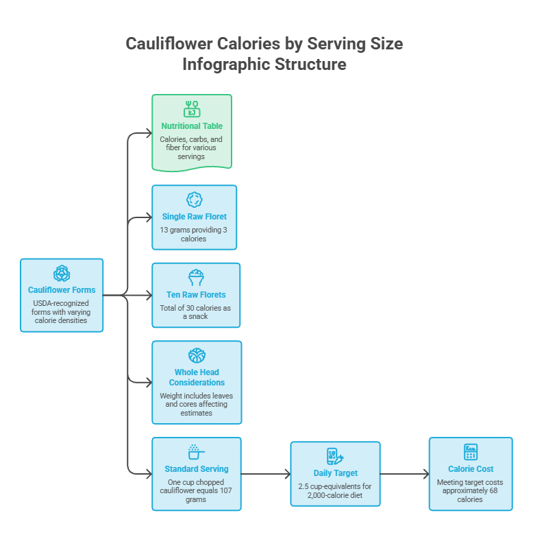 Infographic detailing cauliflower calories by serving size, including nutritional table and serving information.