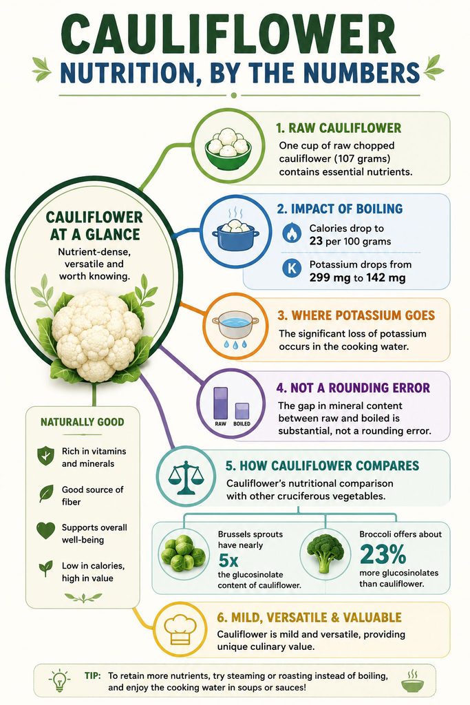 Infographic showing cauliflower nutrition facts, including raw vs boiled comparisons and health benefits.