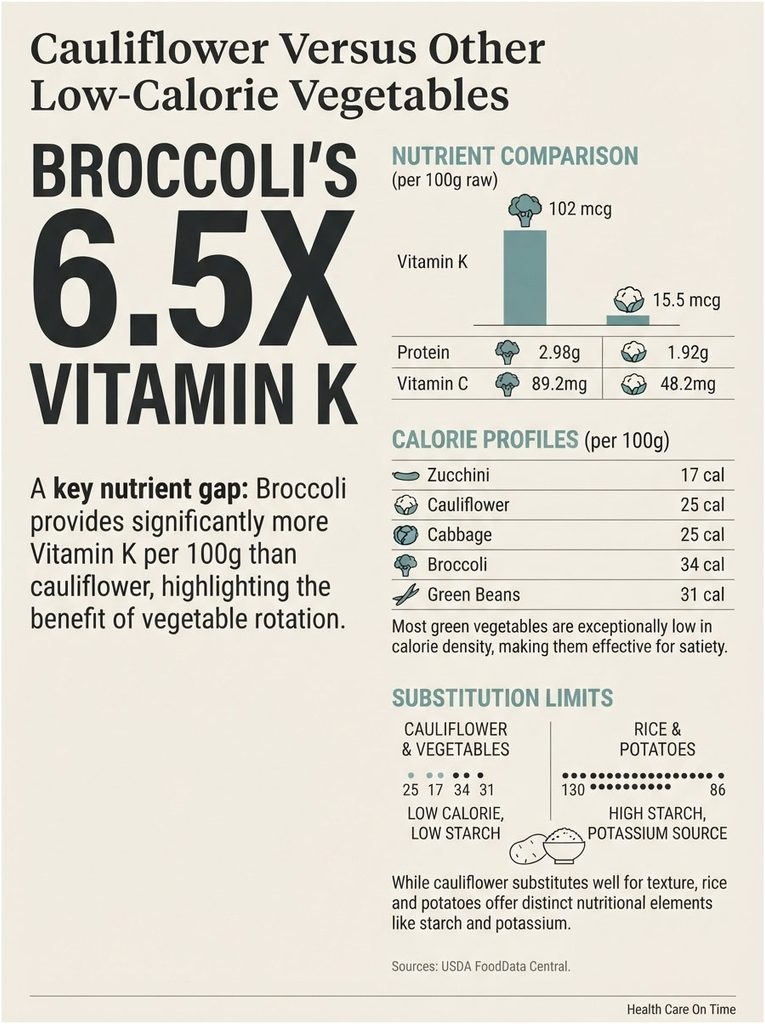 Infographic comparing vitamin K in broccoli and cauliflower, featuring nutrient data and calorie profiles of vegetables.
