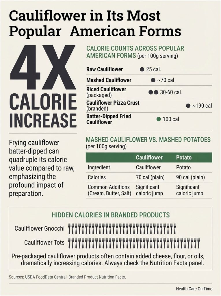 Infographic showing calorie counts of cauliflower forms, including raw, mashed, and fried options with comparisons.