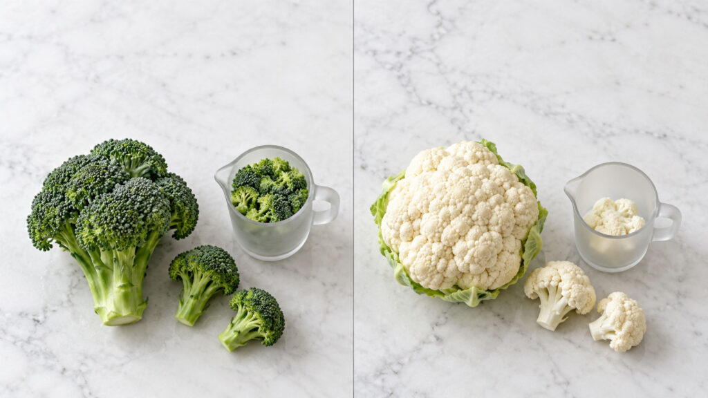 Fresh broccoli and cauliflower arranged on a marble surface with a measuring cup of broccoli florets.