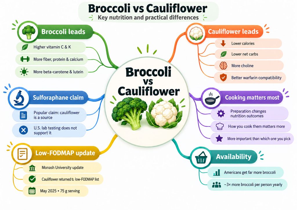Infographic comparing broccoli and cauliflower nutrition, highlighting key differences and benefits.