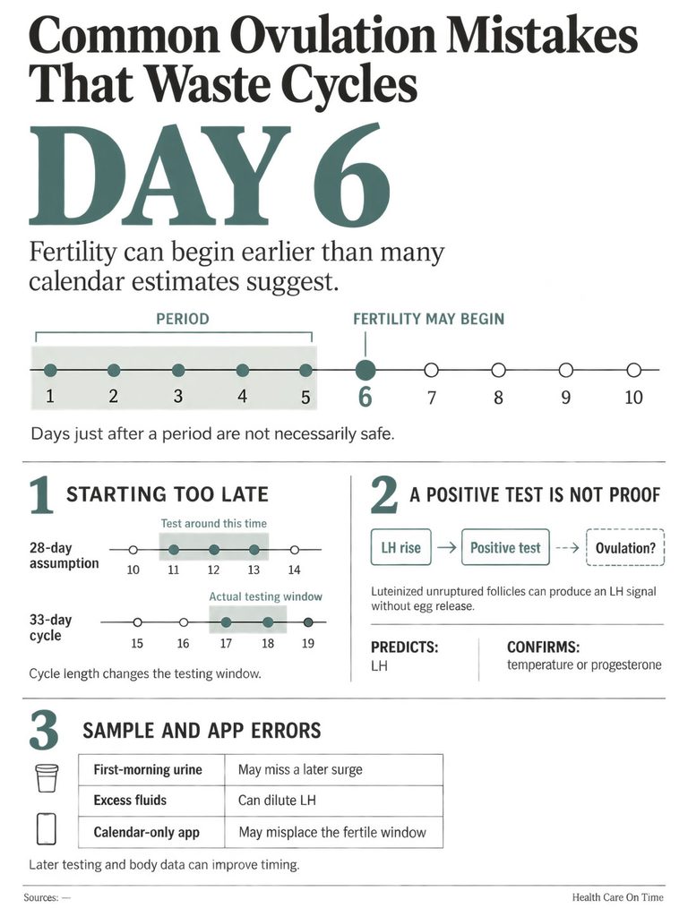 Infographic showing ovulation mistakes, highlighting Day 6 fertility, testing windows, and common errors.